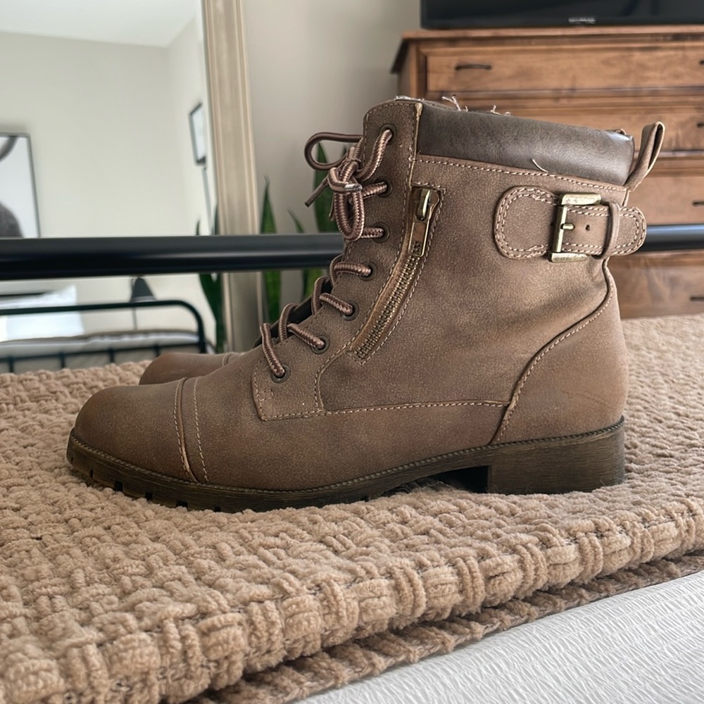 Brown Lace-Up Combat Boots with Buckle Accent - Women